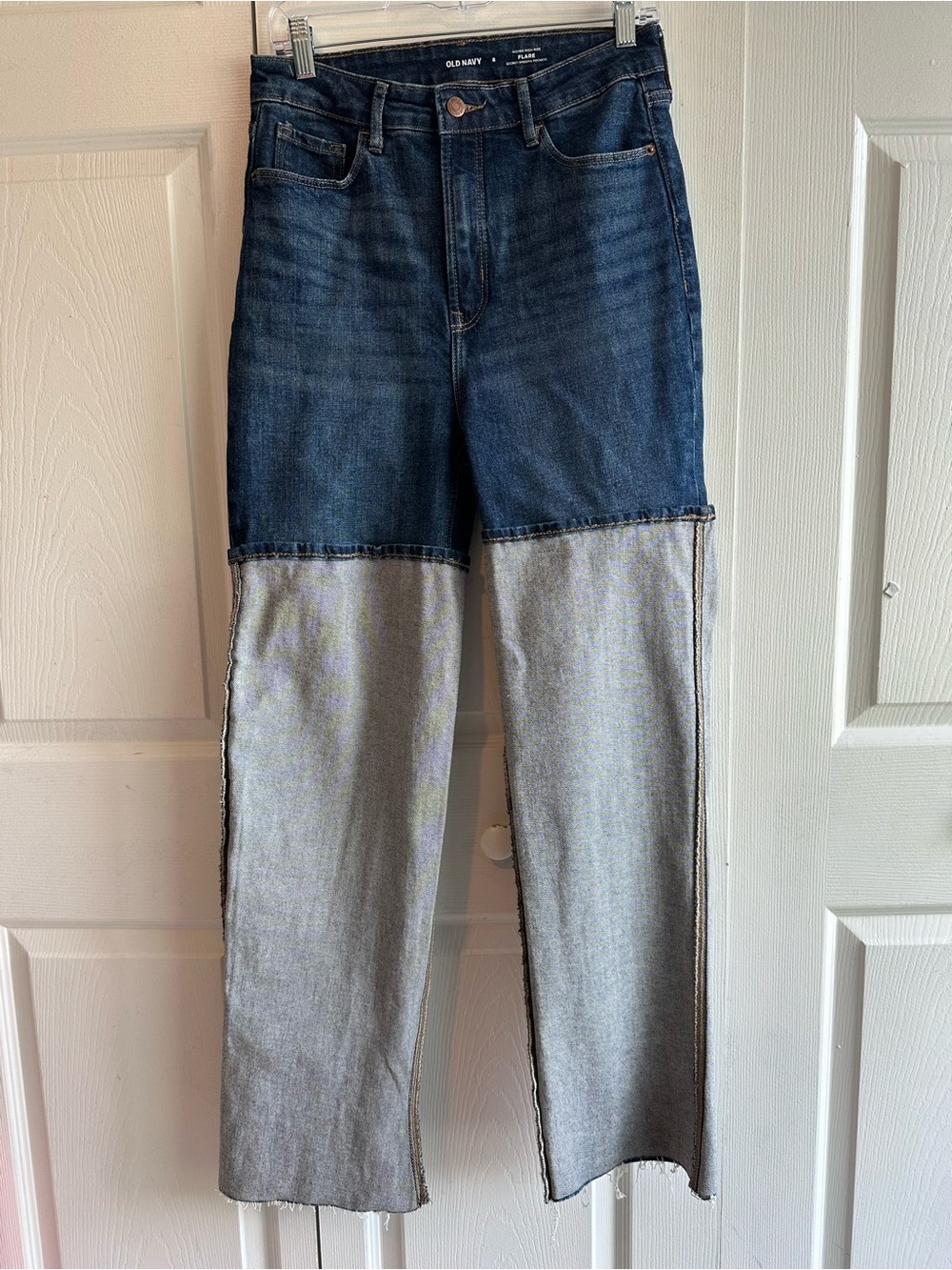 Old Navy Higher High Rise Flare Two-Tone Colorblock Jeans in Dark Blue